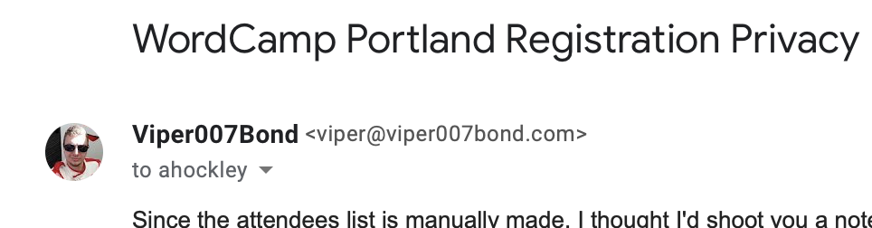 Email from Viper about WordCamp Portland