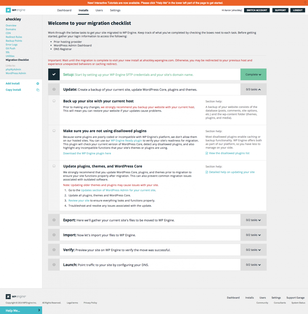 WP Engine Migration Checklist Screenshot