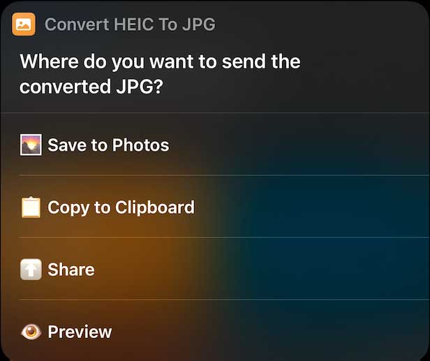 Convert HEIC to JPG shortcut options to save