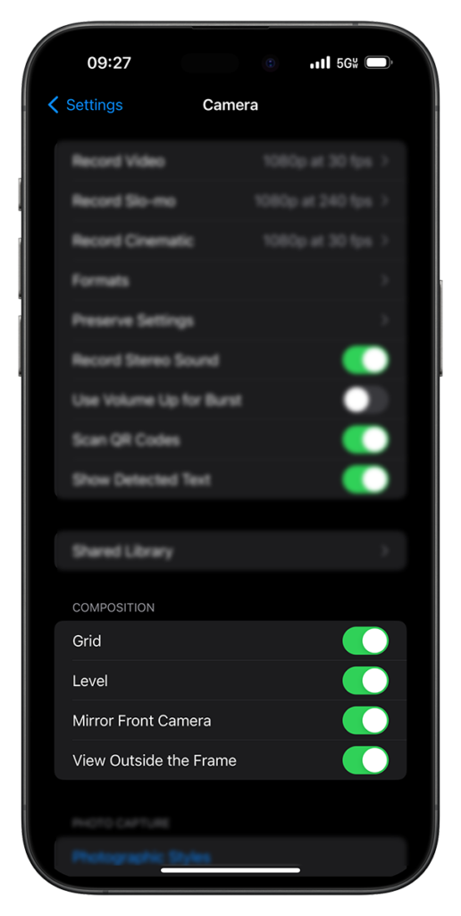 Screenshot of iPhone camera composition settings