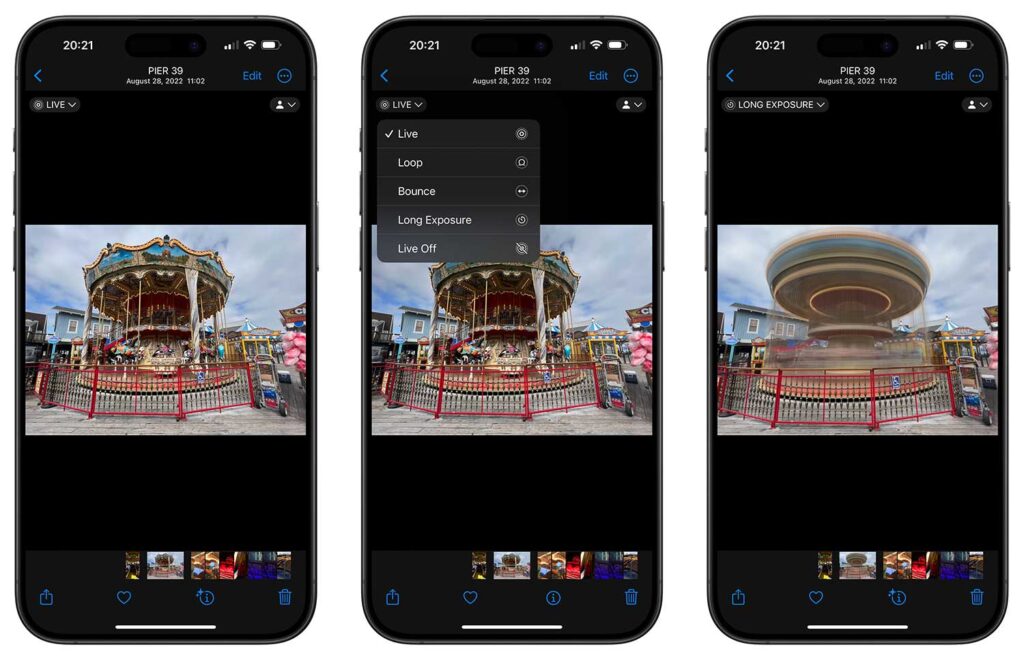 Three screenshots of iPhone Live Photos Long Exposure images