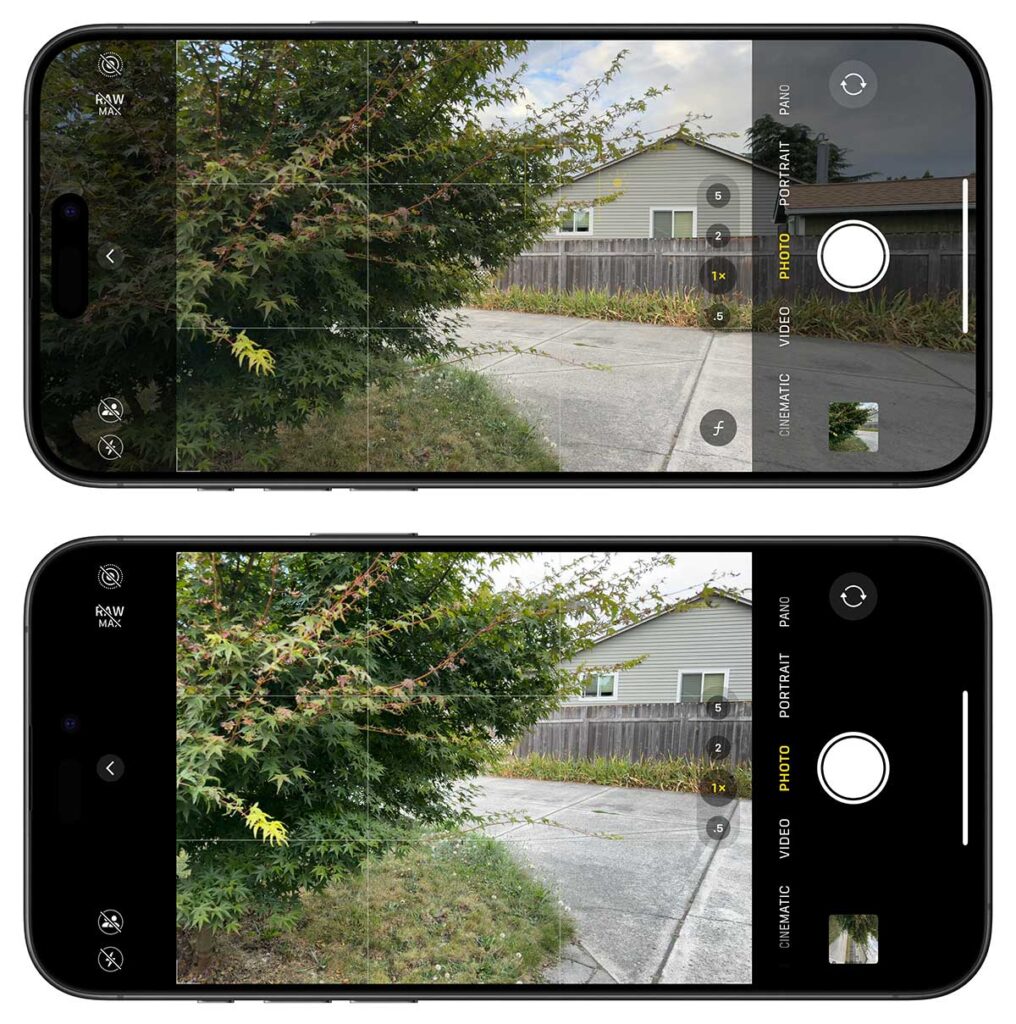 Two screenshots showing the difference with iPhone camera View Outside the Frame on and off