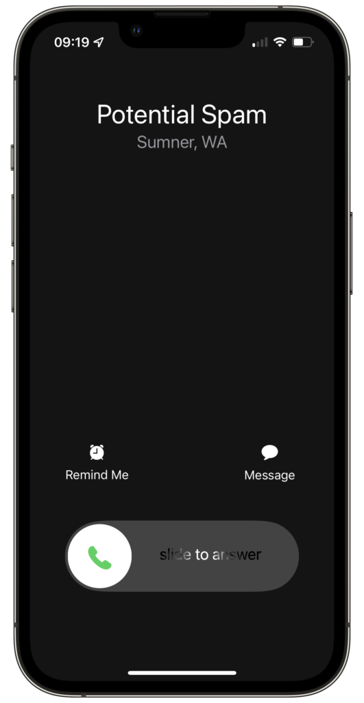 Screenshot of "Potential Spam" call incoming