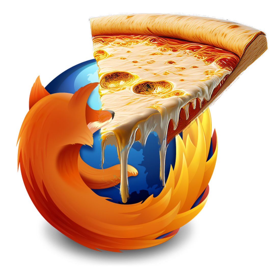 Mozzarella Firefox logo - a piece of pizza dripping mozzarella cheese onto the Firefox logo with the fox biting into the pizza